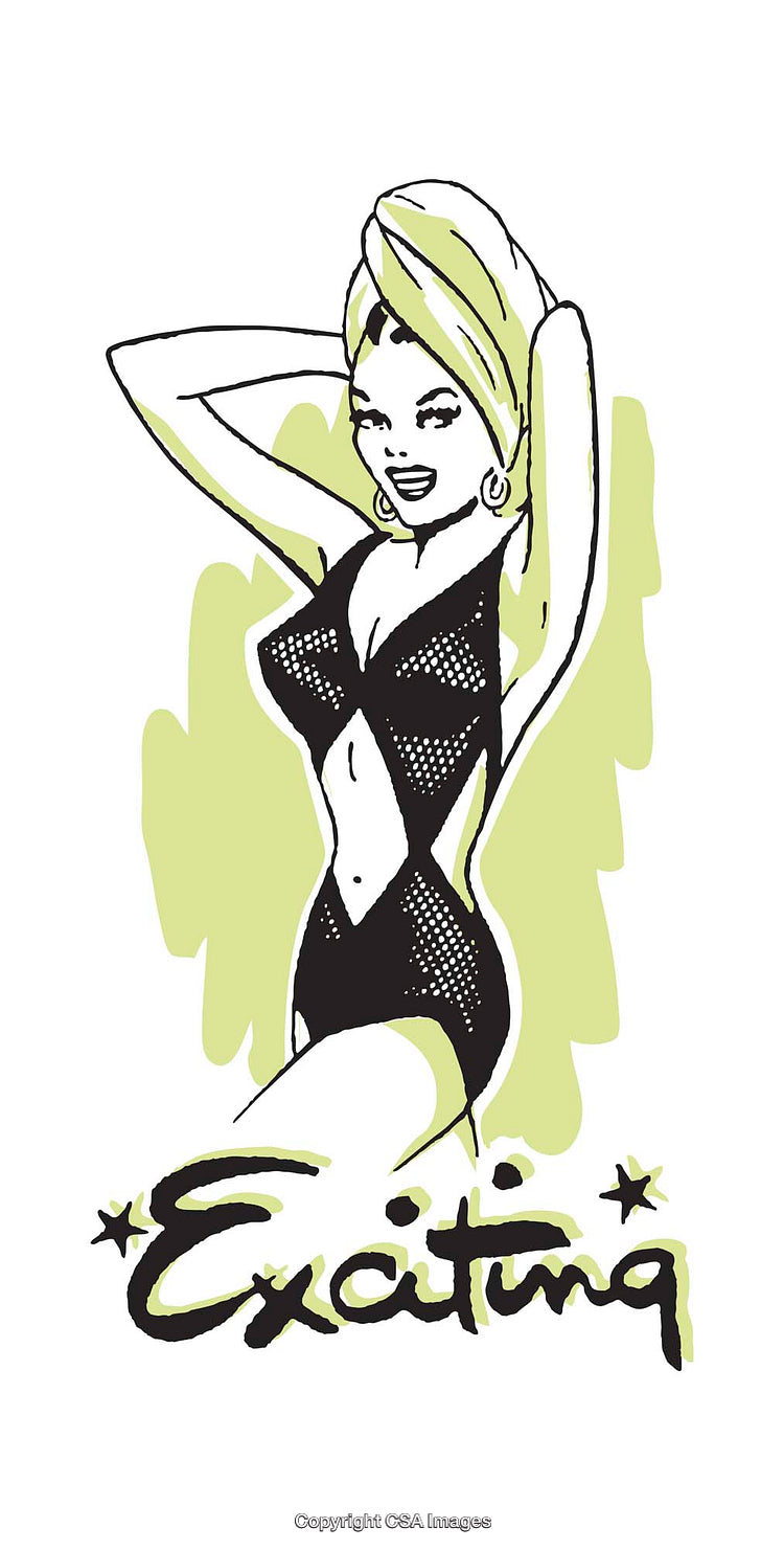 Retro Styled Illustration of Cheerful Woman in Swimwear with Typography