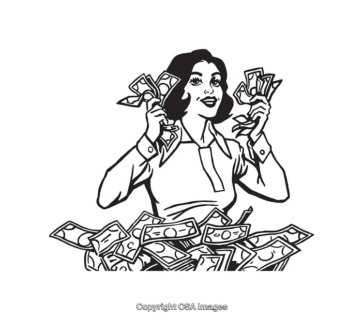 Woman Cheerfully Holding a Bundle of Money in a Line Art Illustration