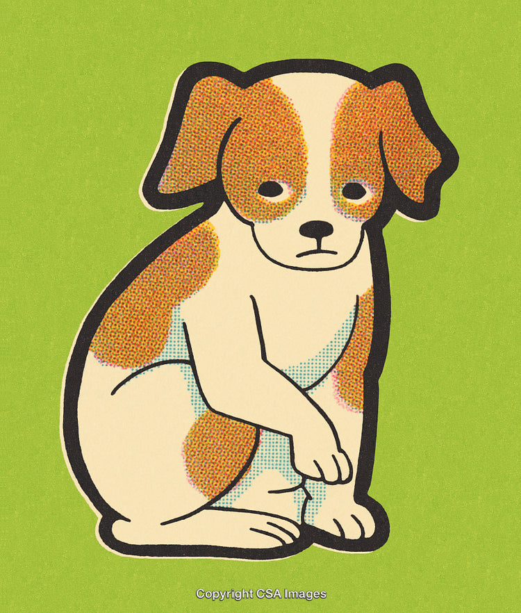Vintage Cartoon Illustration of Sad Puppy in Pop Art Style on Green Background