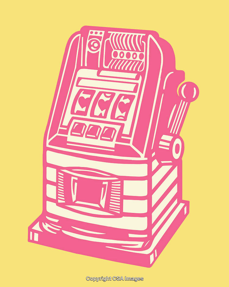 Retro Slot Machine Illustration in Vibrant Pink and Yellow Color