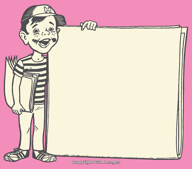 Young Boy Holding Newspaper with Empty Rectangle for Text or Design