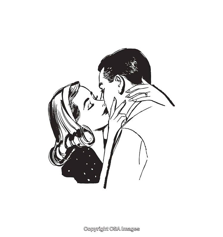 Black and White Line Art of Couple's Romantic Kiss