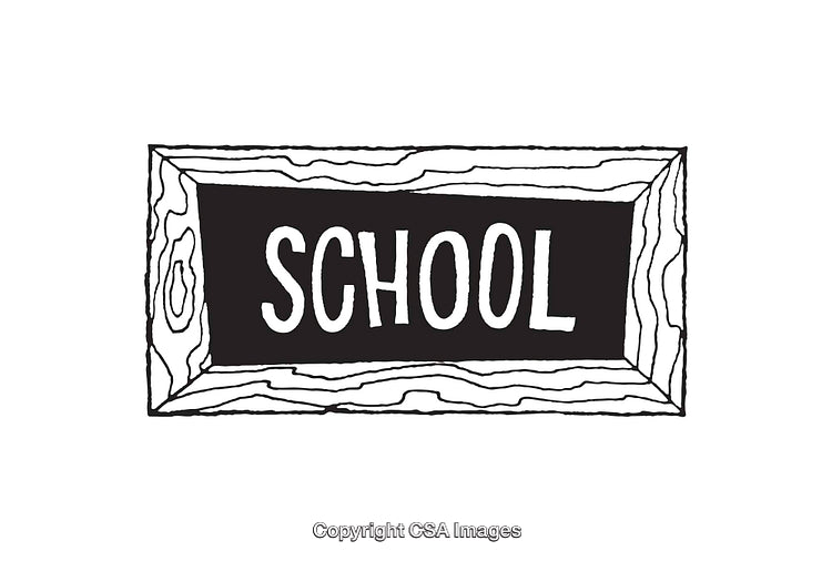 Black and White Hand-Drawn Illustration of a Rustic School Sign