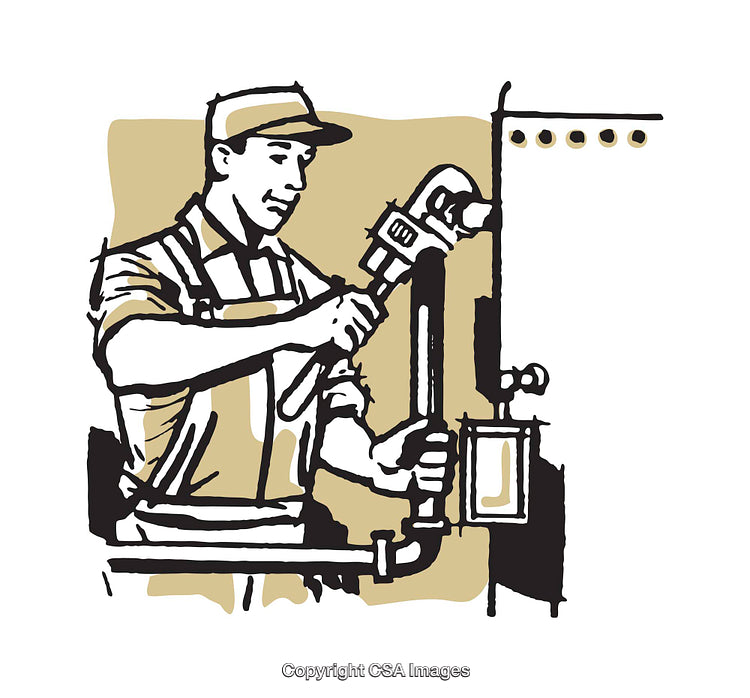 Color Illustration of a Plumber Using a Wrench to Fix a Pipe
