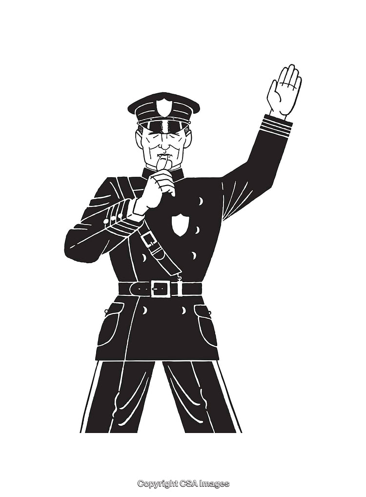 Black and White Illustration of a Traffic Officer Whistling and Directing