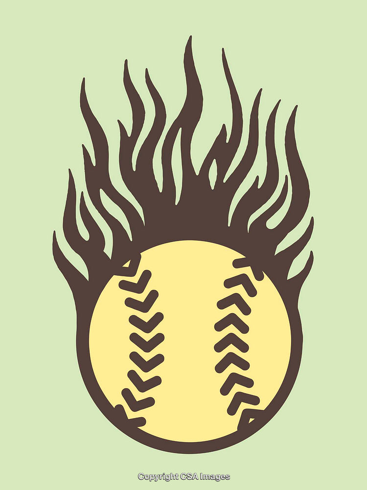 Flaming Baseball Illustration in Brown and Yellow with Green Background