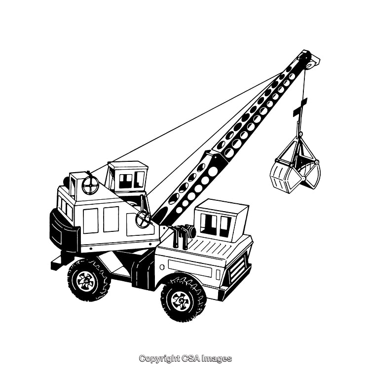 Line Art Illustration of a Mobile Crane With Bucket Attachment