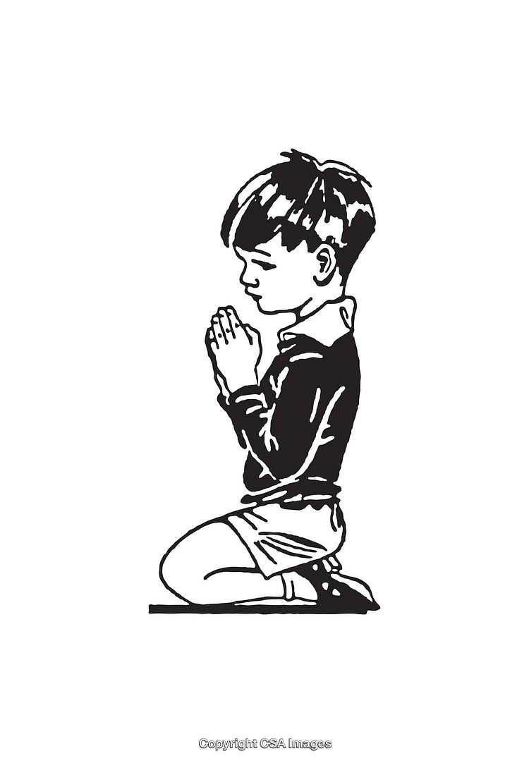 Black and White Line Art of a Child Kneeling in Prayer