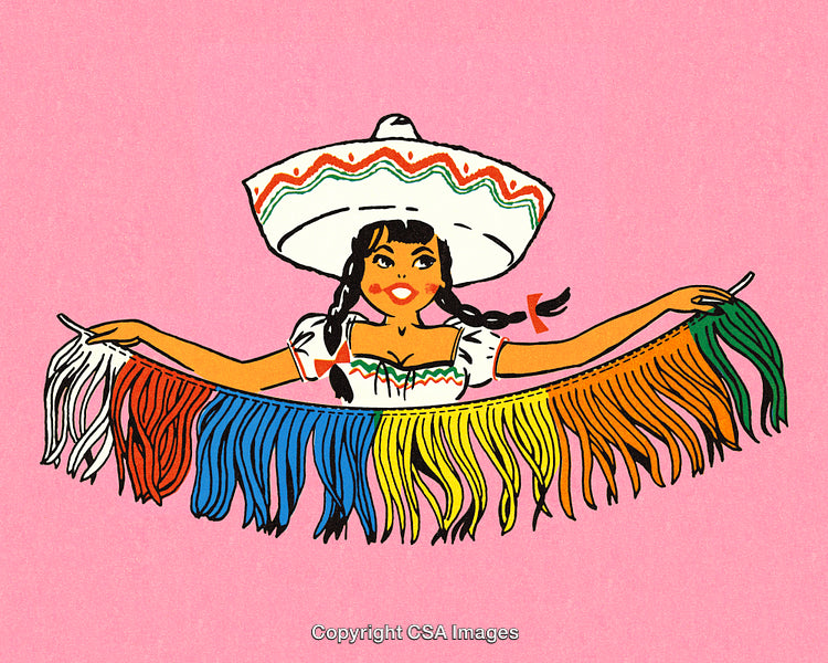 Colorful Mexican Illustration Featuring Festive Attire and Vibrant Decorative Elements