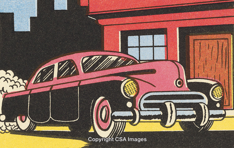 Vintage Style Illustration of Classic Retro Car on Urban Street