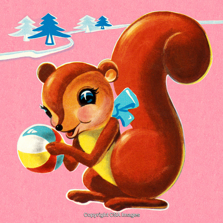 Adorable Squirrel Mascot Holding a Ball in a Winter Fantasy Setting