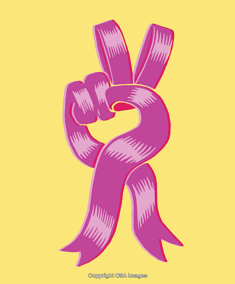 Pink Symbol Featuring Peace Gesture With Ribbon Design On Yellow Background