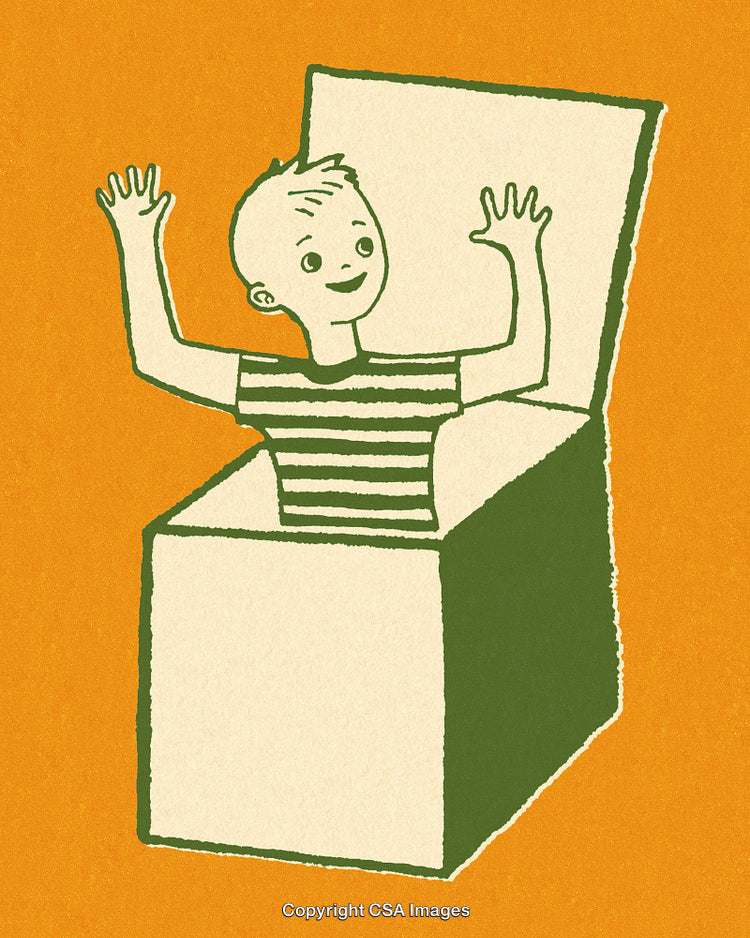Playful Illustration of Boy in Striped Shirt Emerging from Box