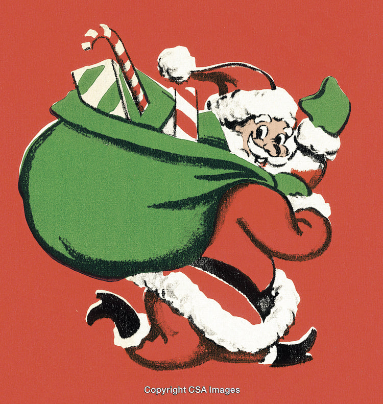 Cheerful Santa Claus with Gift Sack on Red Festive Background