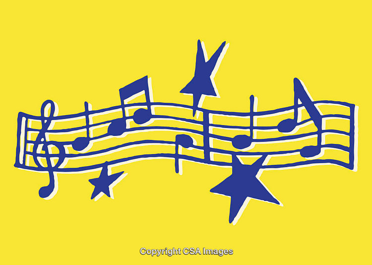 Musical Notes and Stars Colorful Line Art Illustration on Bold Yellow Background