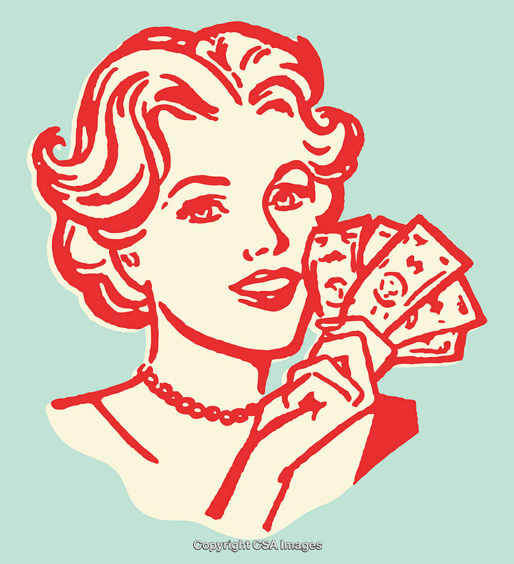 Retro Styled Illustration of Woman Holding Money Bills in Color Line Art