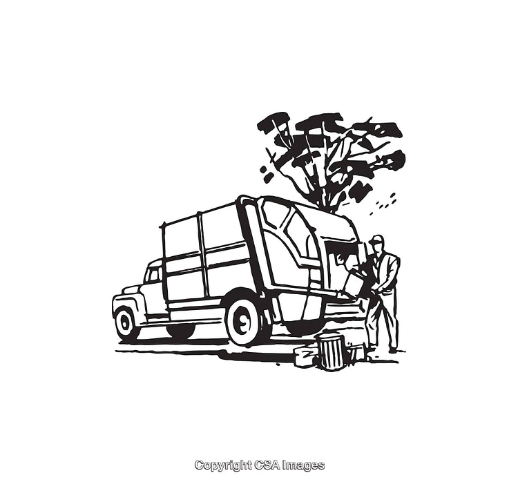 Black and White Illustration of a Garbage Truck and Worker Cleaning