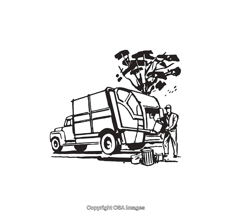 Black and White Illustration of a Garbage Truck and Worker Cleaning