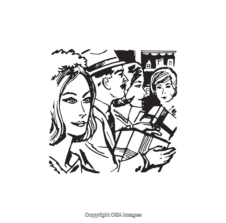 Vintage Black and White Line Art Featuring People in a Social Scene