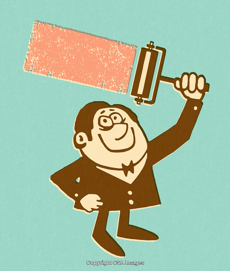 Cheerful Cartoon Character Painting With Roller on Turquoise Background