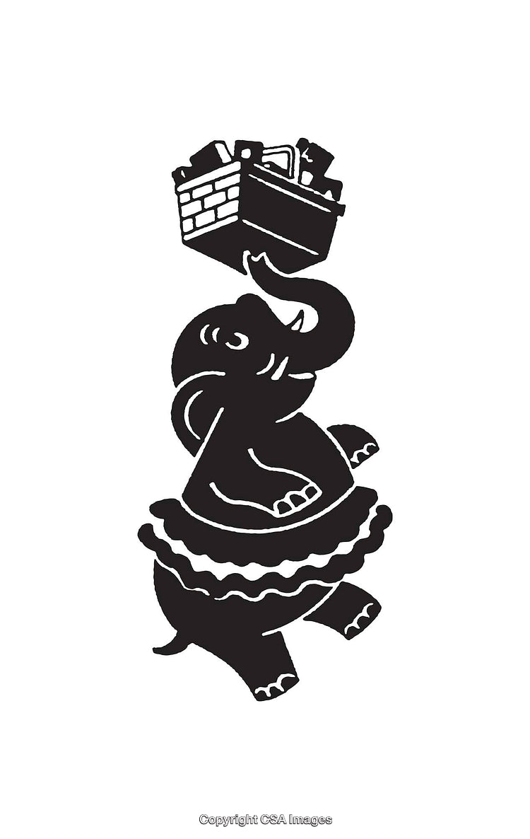 Black and White Line Art of Elephant Balancing House on Its Trunk