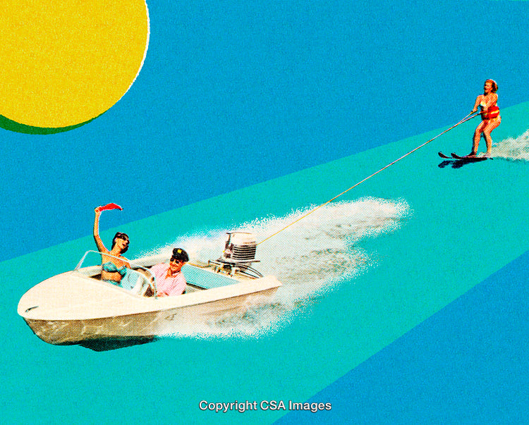 Retro Boating Scene with Water Skier in Vintage Summer Style