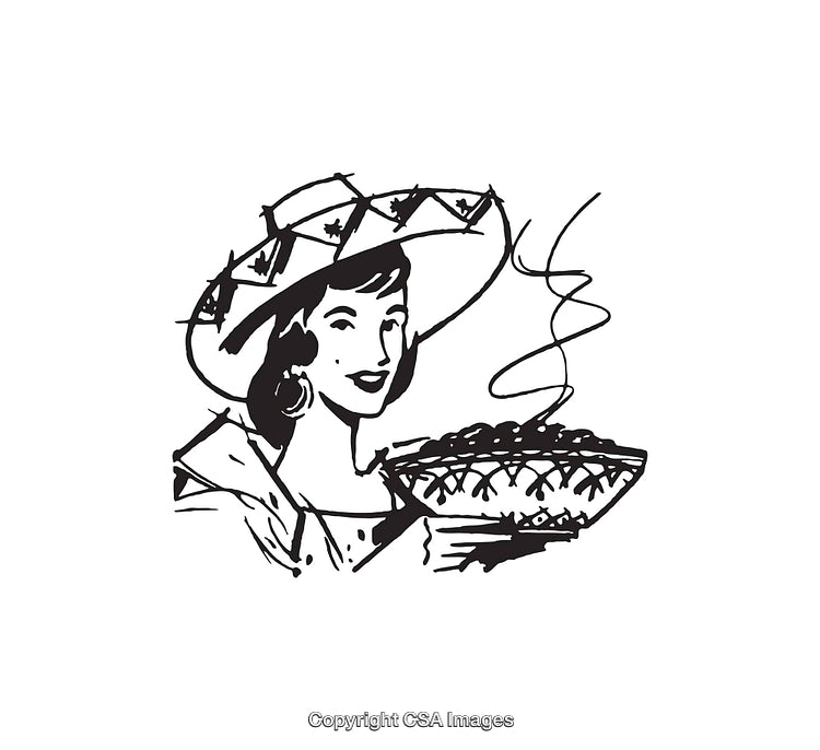 Retro Line Art Illustration of Woman Serving Warm Food in Traditional Attire