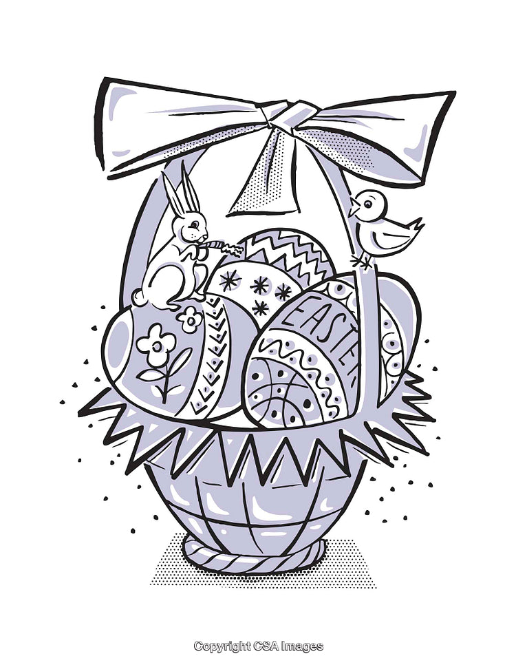 Illustration of Easter Basket with Eggs, Bunny, and Bird