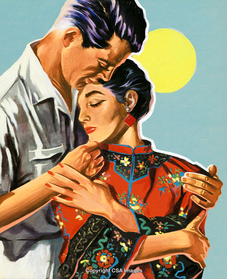 Romantic Vintage Illustration of a Couple Embracing Under a Golden Sun