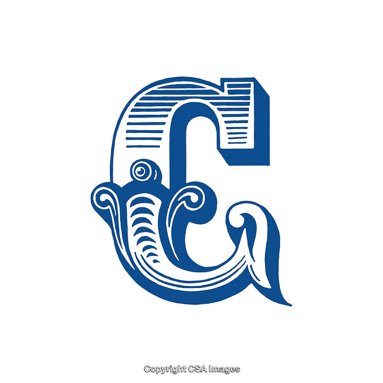 Decorative Blue Letter C with Ornamental Details on White Background