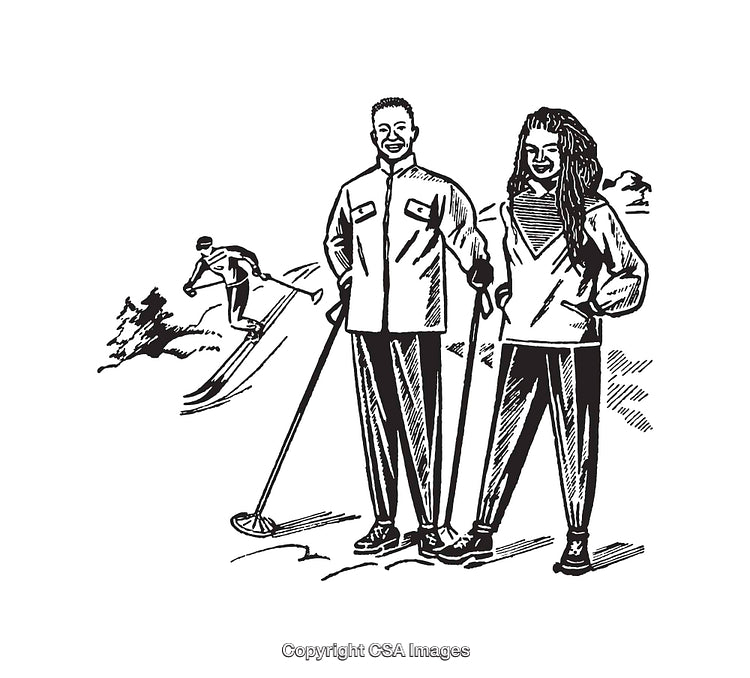 Black And White Line Art of People Skiing and Enjoying Winter Outdoors