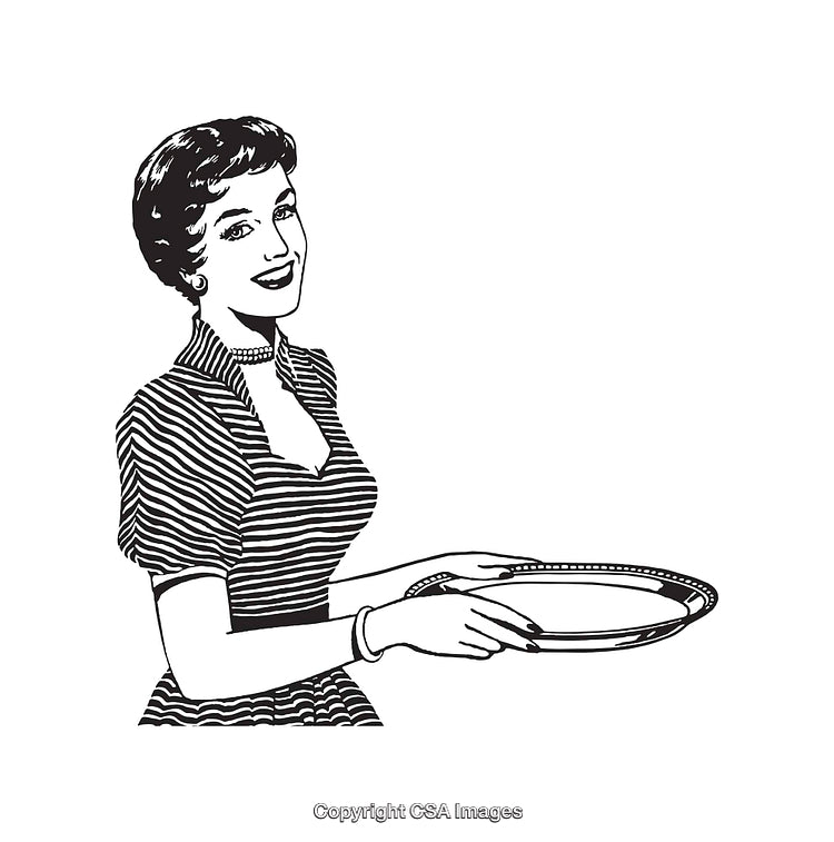 Vintage Illustration of Smiling Woman Holding a Plate in Line Art Style