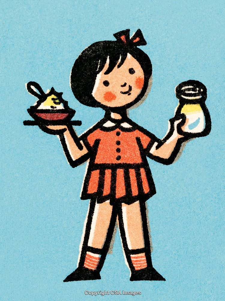Whimsical Illustration of a Girl Holding Food and a Milk Bottle