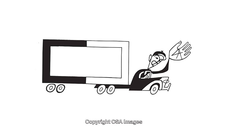 Black and White Line Art of a Truck and Driver in Motion