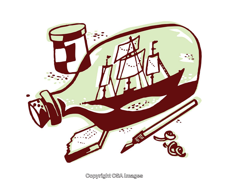 Illustrated Ship in a Bottle with Artistic Tools and Details