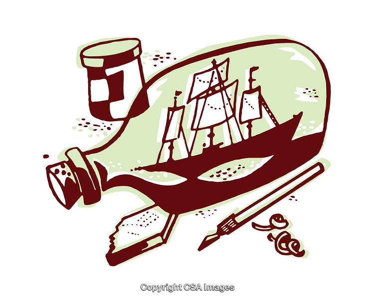 Illustrated Ship in a Bottle with Artistic Tools and Details