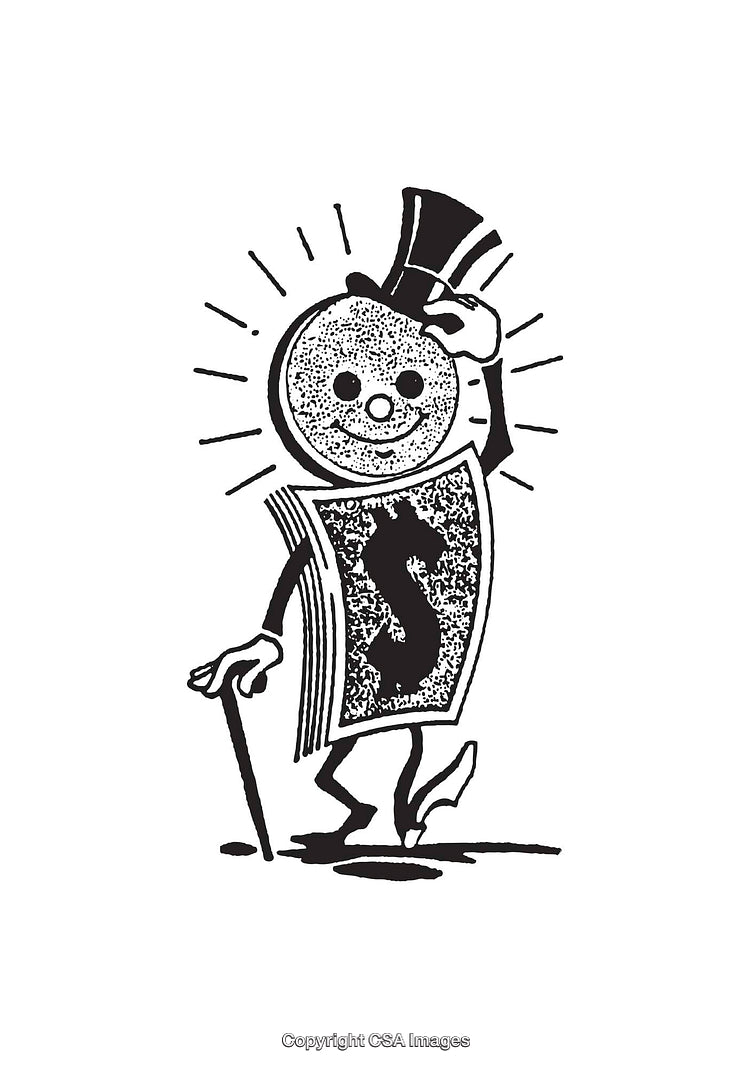 Retro Black and White Illustration of a Dollar Character in a Top Hat
