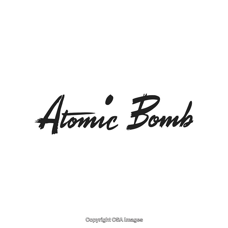 Graphic Style Black Handwritten Text Spelling Atomic Bomb on White Background