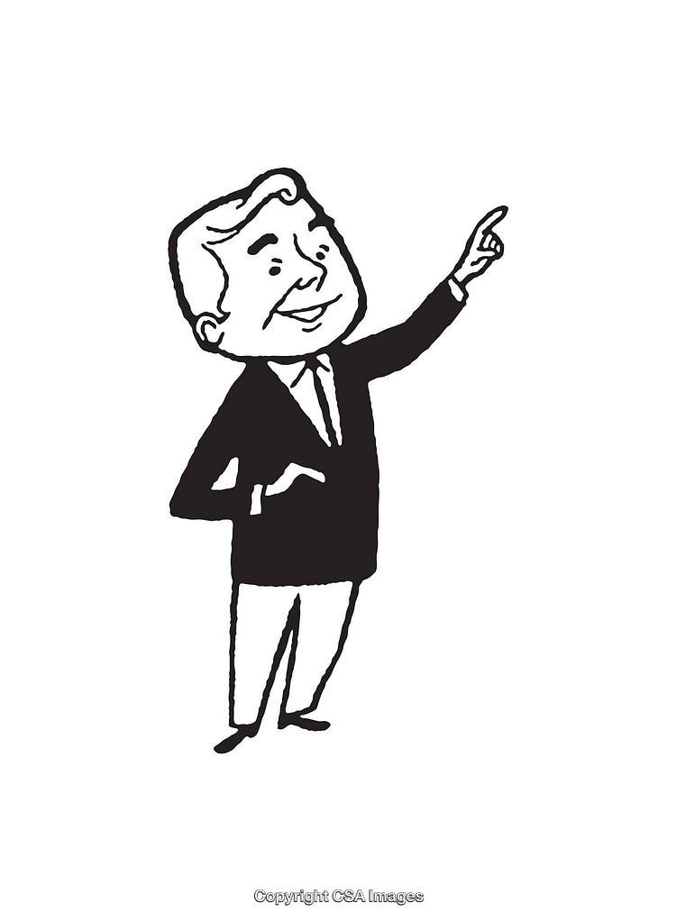 Black and White Line Art of a Pointing Businessman Character