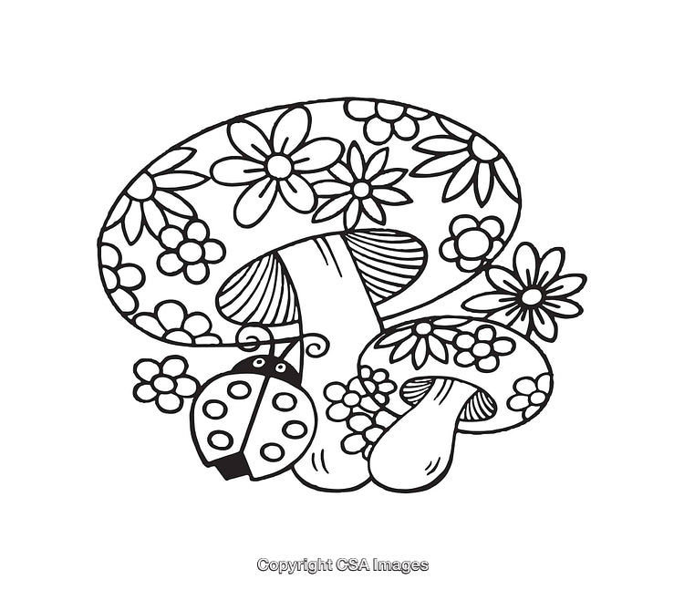 Floral Mushroom Illustration with Ladybug in Black and White Line Art