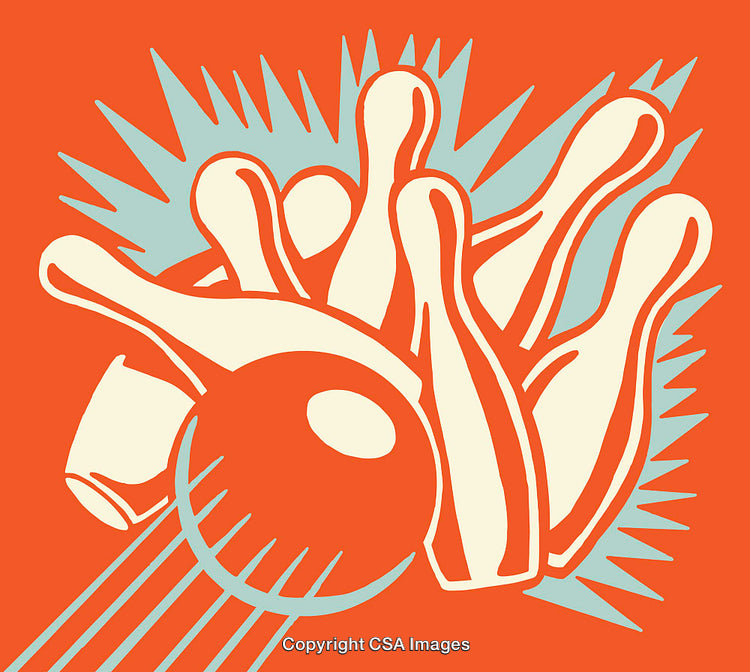 Dynamic Bowling Illustration with Vibrant Pins and Ball Interaction