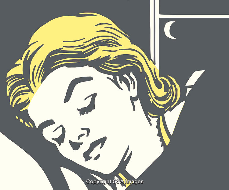 Illustration of a Sleeping Woman with Crescent Moon and Window Background