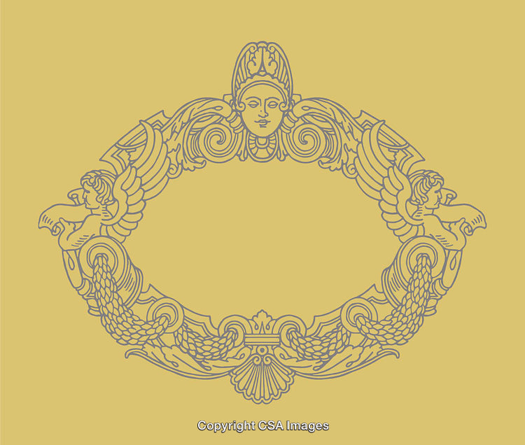 Ornate Decorative Line Art Illustration with Angel Motif on Yellow Background