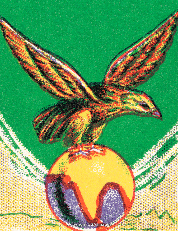 Vibrant Illustration of an Eagle Standing on a Colorful Orb