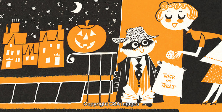 Retro Halloween Scene Featuring Trick or Treaters and a Festive Jack-O'-Lantern