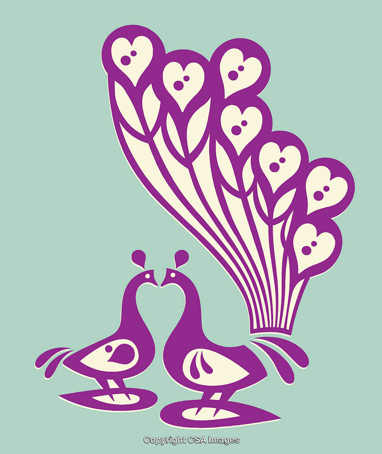 Purple Peacocks with Heart-Shaped Tails and Decorative Elements
