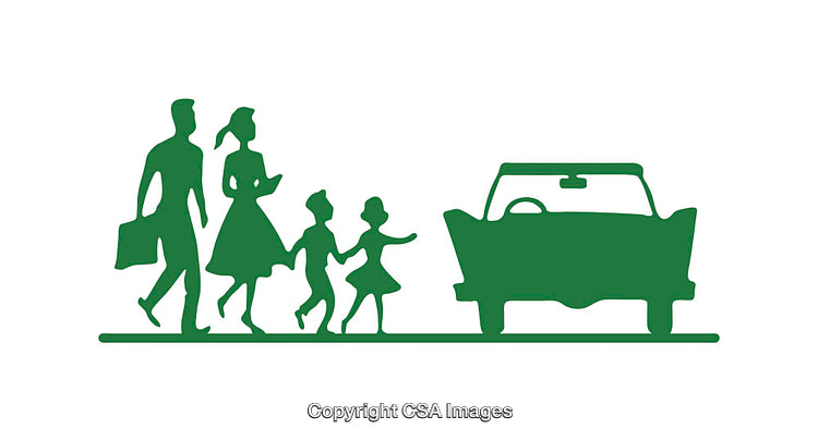 Silhouettes of Family Walking Towards a Car in Simple Icon Design