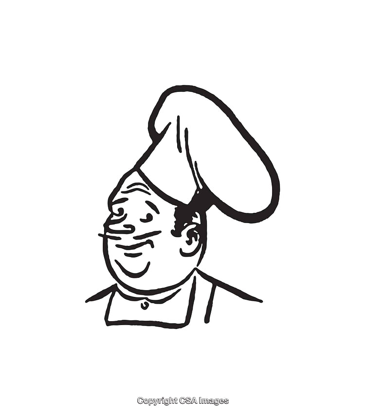 Black And White Illustration of a Happy Chef Wearing a Traditional Hat