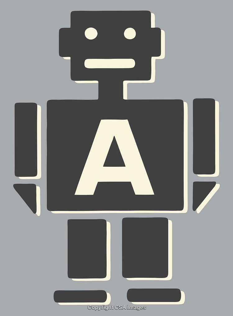 Minimalistic Cartoon Robot Illustration with Letter A Design on a Gray Background