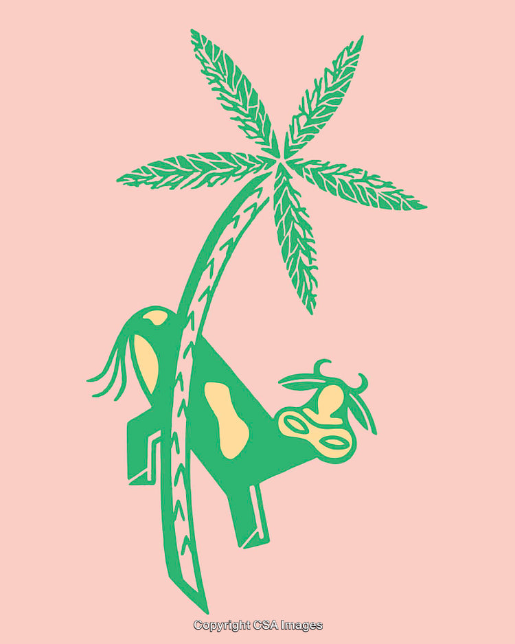 Colorful Line Art Illustration of a Cow and Palm Tree on Pink Background